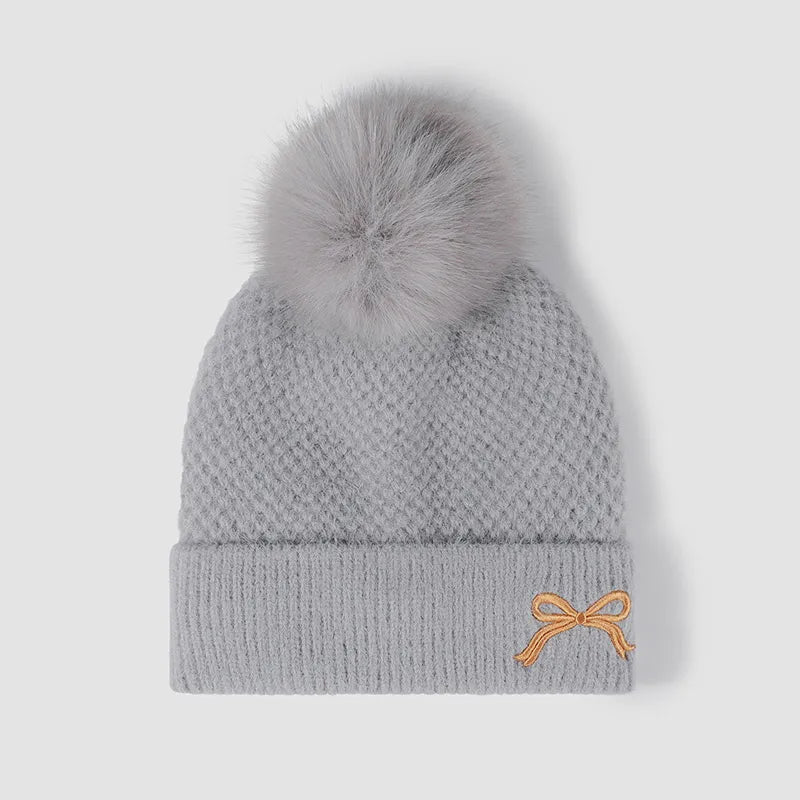 Thermal Bow Knit Hat with Pompom