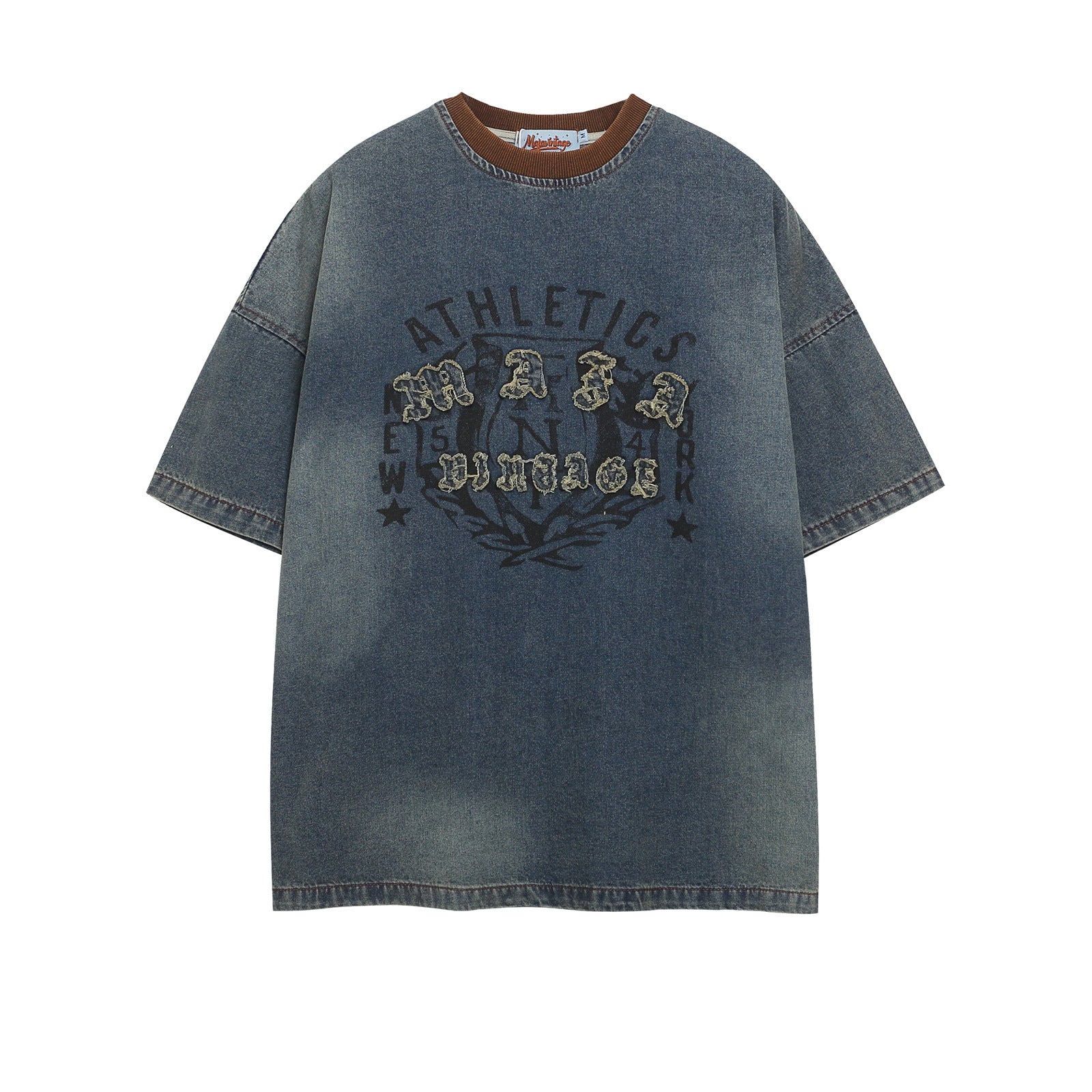 Color Block Washed Patch Embroidery Denim T-Shirt