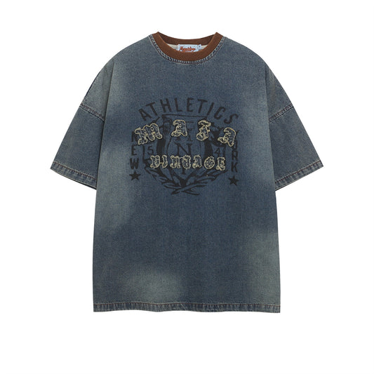 Color Block Washed Patch Embroidery Denim T-Shirt