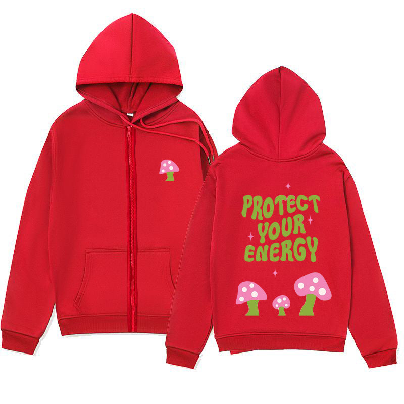 "Protect Your Energy" Letter Mushroom Print Zipper Hoodie