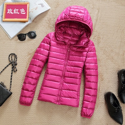 Ultra-Lightweight Slim Down Jacket for Women – Short Hooded Warm White Duck Down Coat