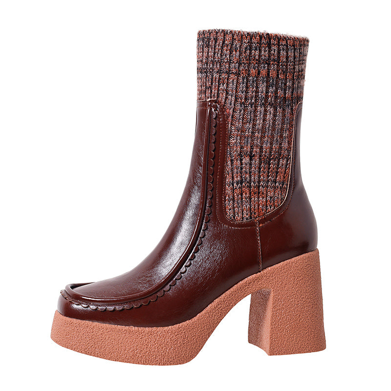 Brand Genuine Leather Women's Chunky High Heels Platform Ankle Boots in Black and Brown for Dress or Casual Events, Size US9
