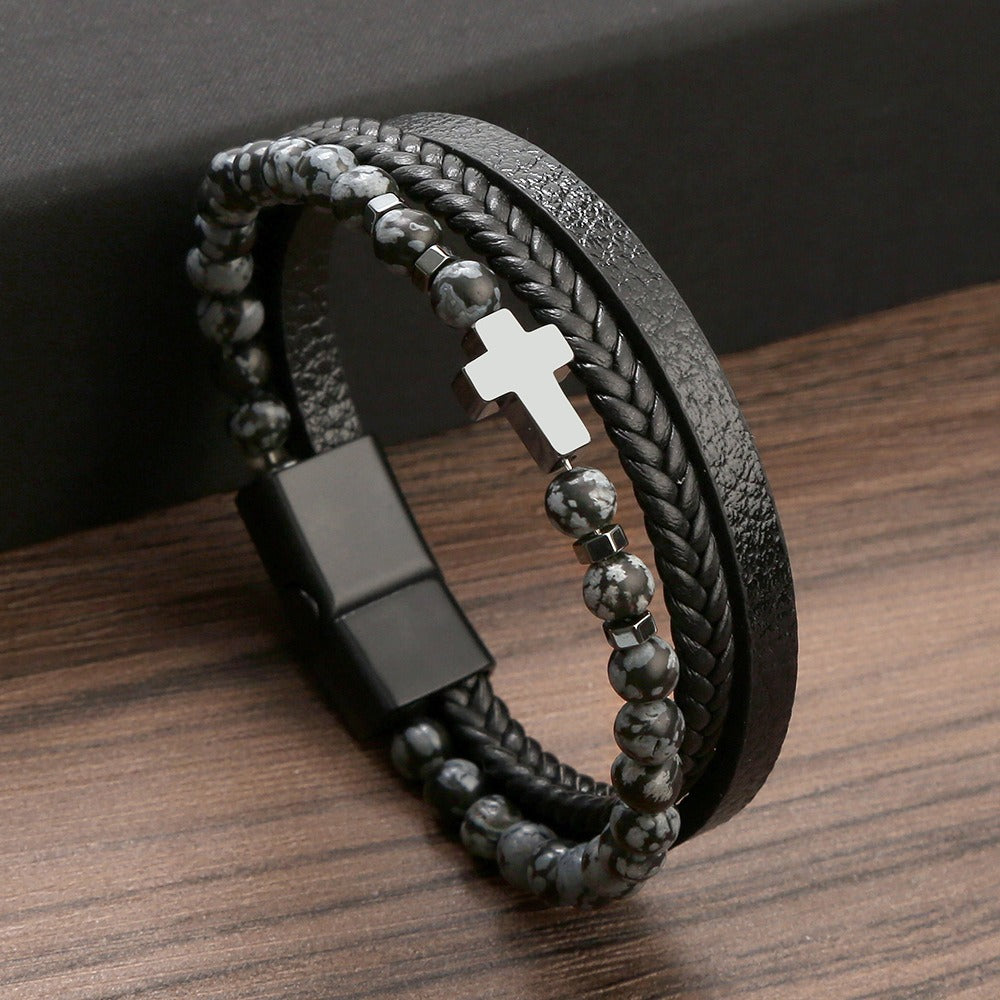 Men's Tiger Eye Stone Cross Bracelet - Harajuku Style