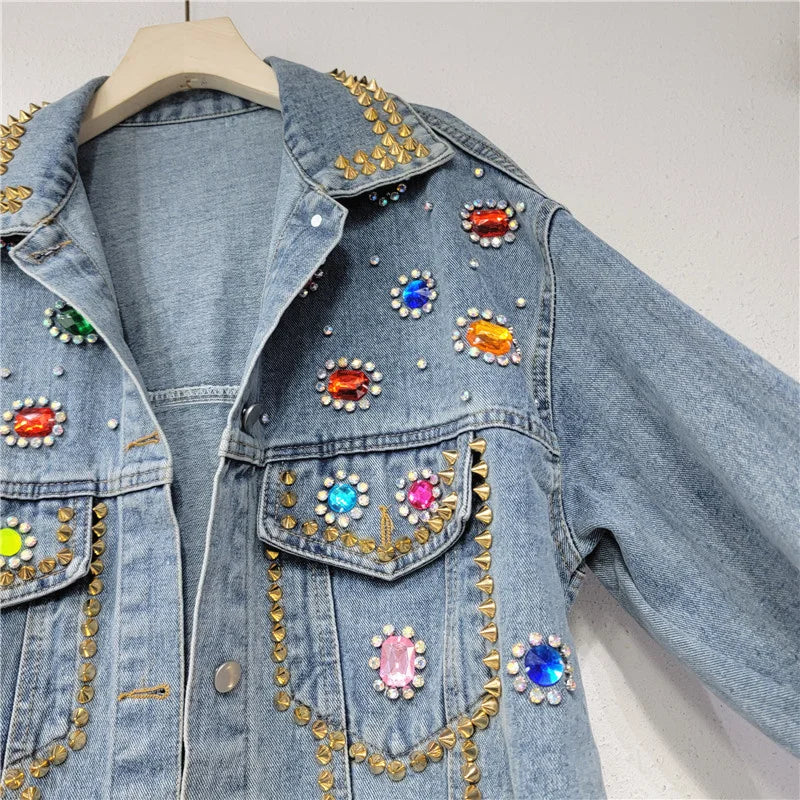 Colorful Beaded Denim Jacket - Harajuku Style