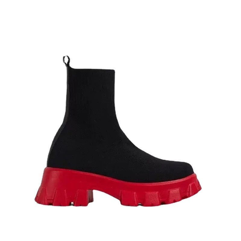 Large Size Thick Heel Black Boots - Flying Woven Casual Mid-Calf Black Boots