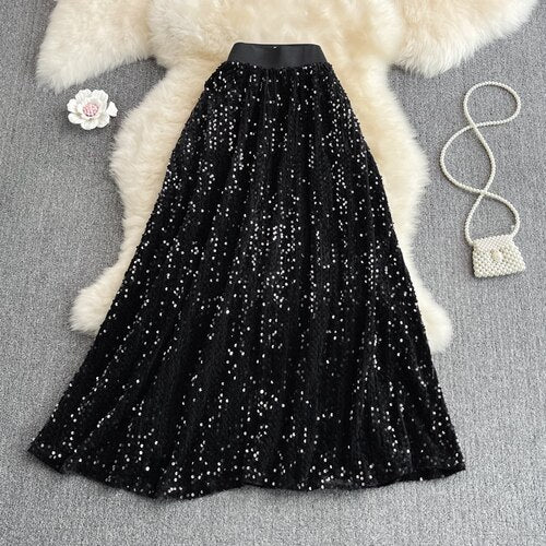 Harajuku Style Sequins Midi Skirt - Elegant A-Line Design