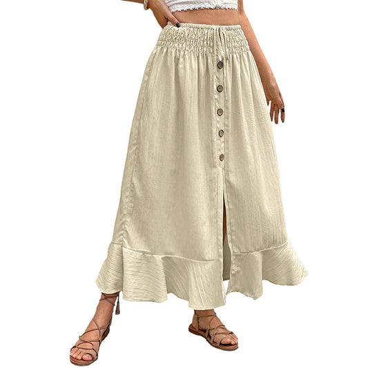Retro Elastic Waist Button Half Skirt with Split