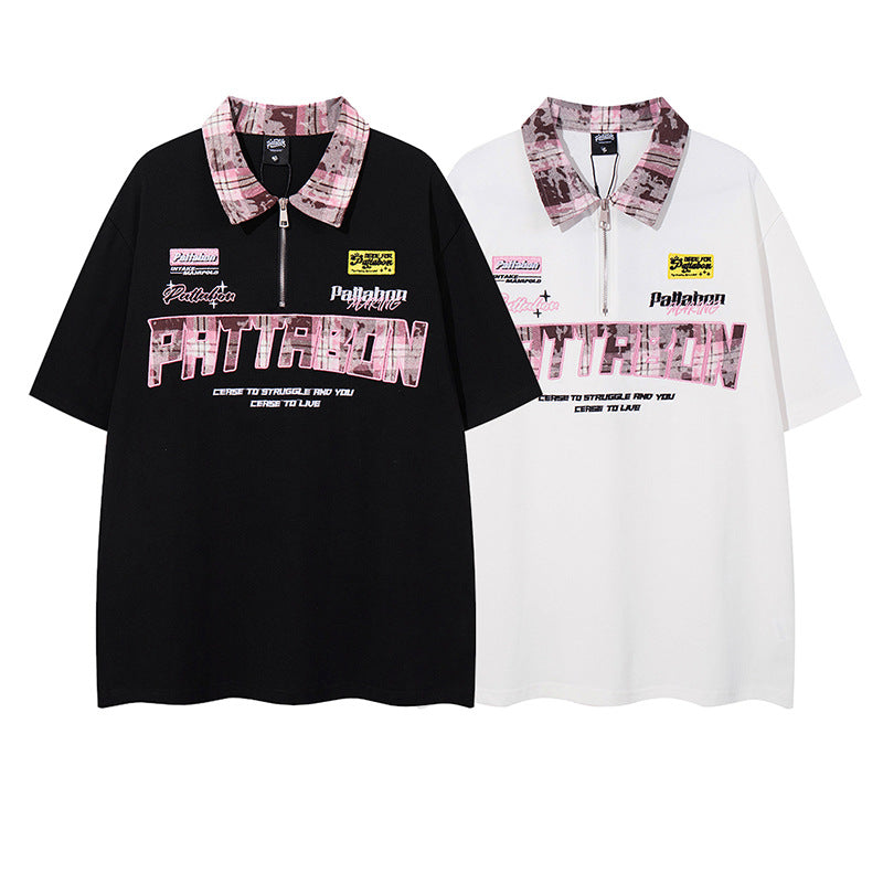 Embroidered Letter Polo - Half-Zip Short Sleeve