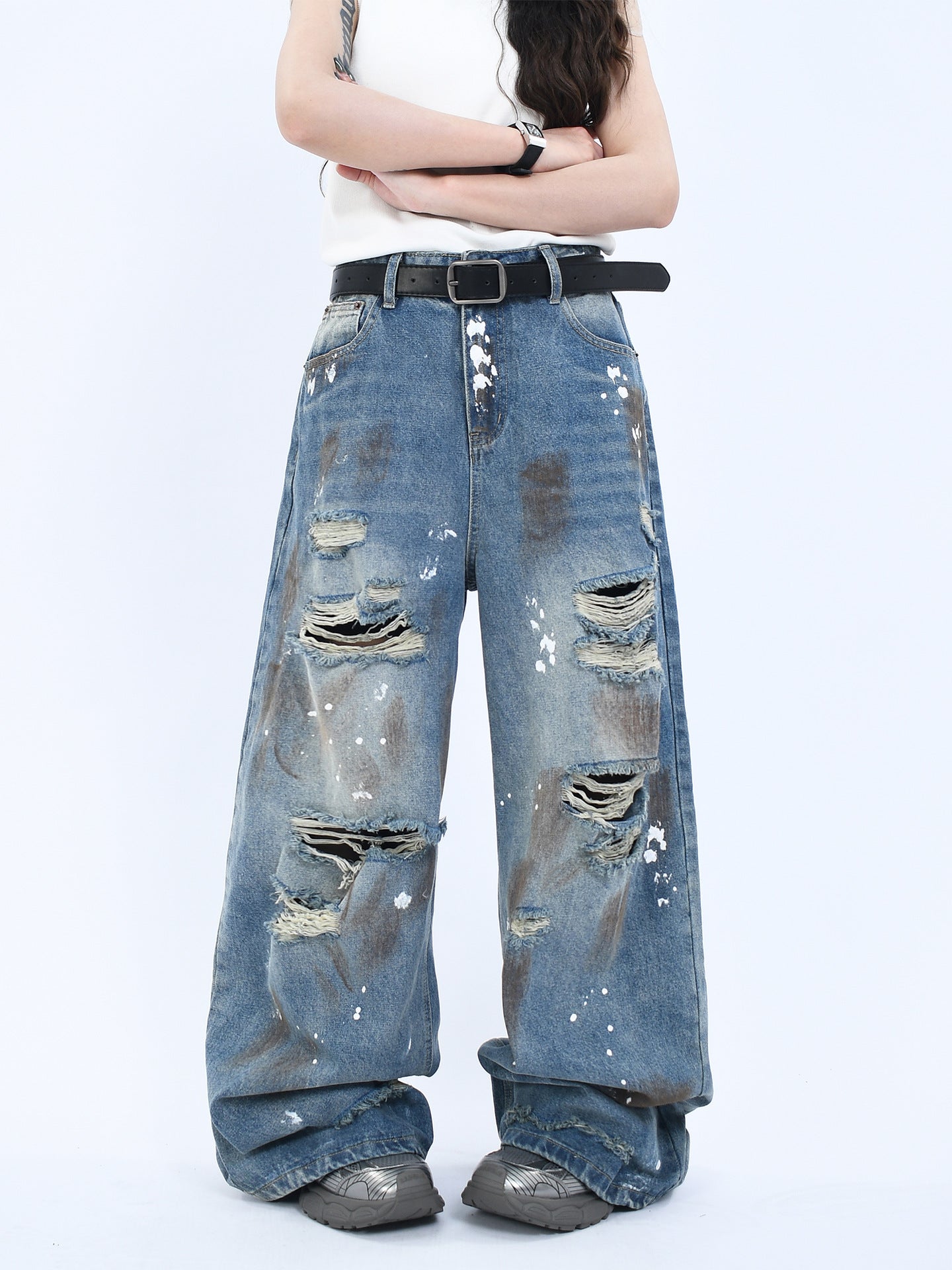 Vintage Washed Denim Pants with Wide Leg