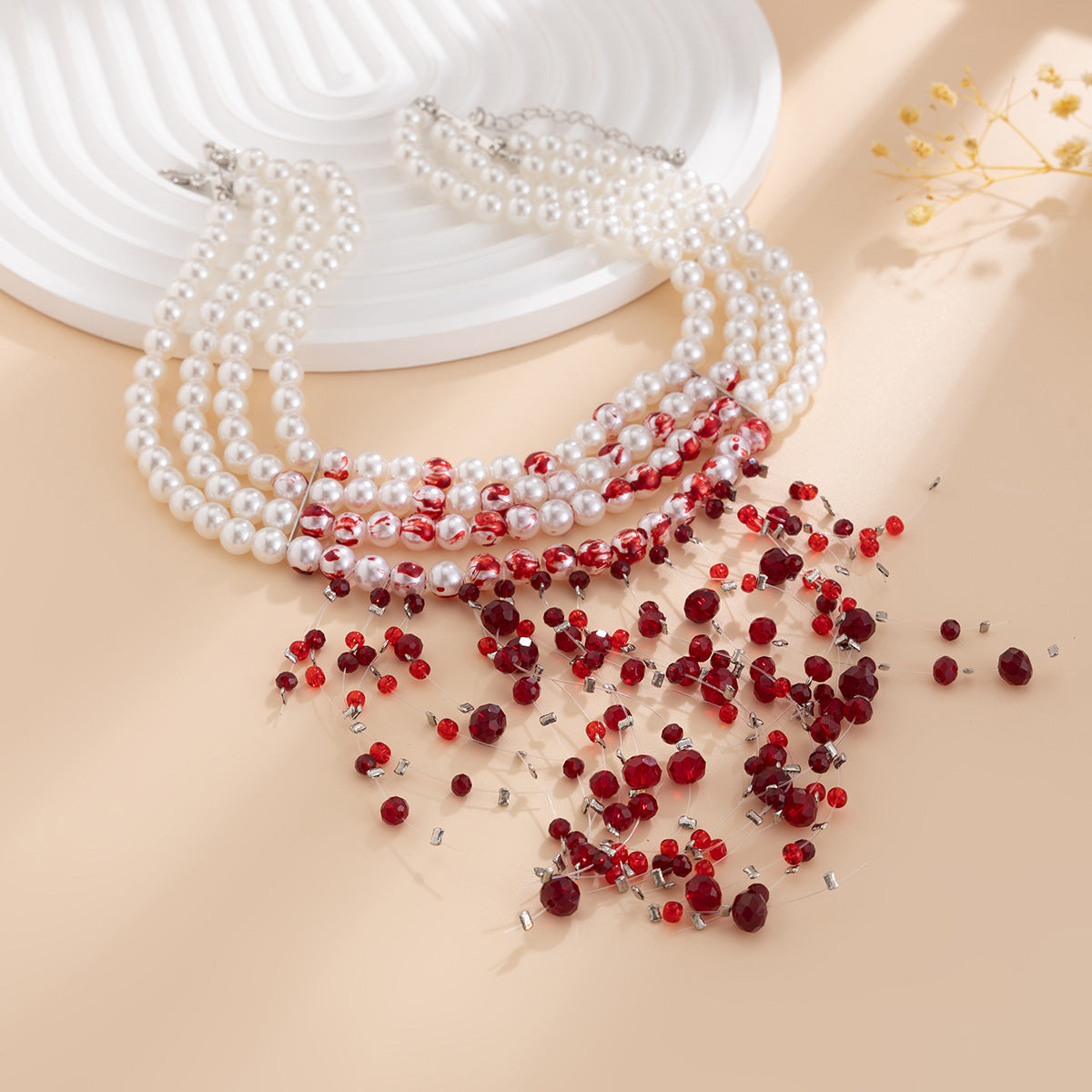 Gothic Pearl Choker Necklace with Blood Drop Tassel