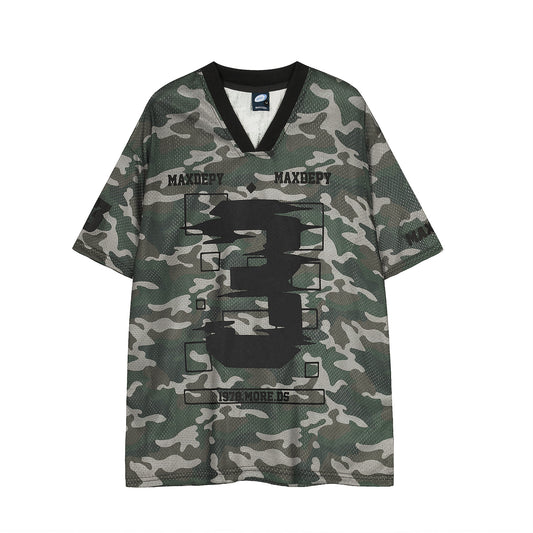 Retro Camouflage V-Neck Mesh T-Shirt