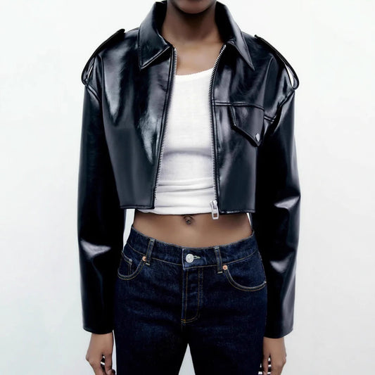 Loose Black Faux Leather Short Jacket for Women