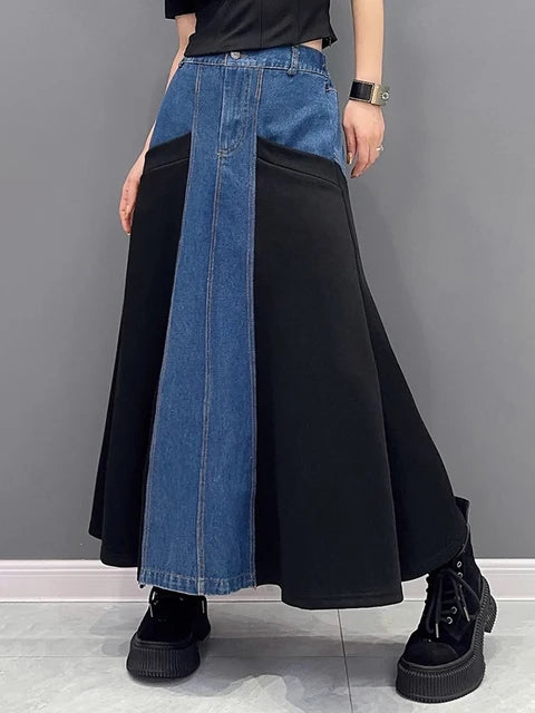 Harajuku Style Color-block Long A-line Denim Skirt