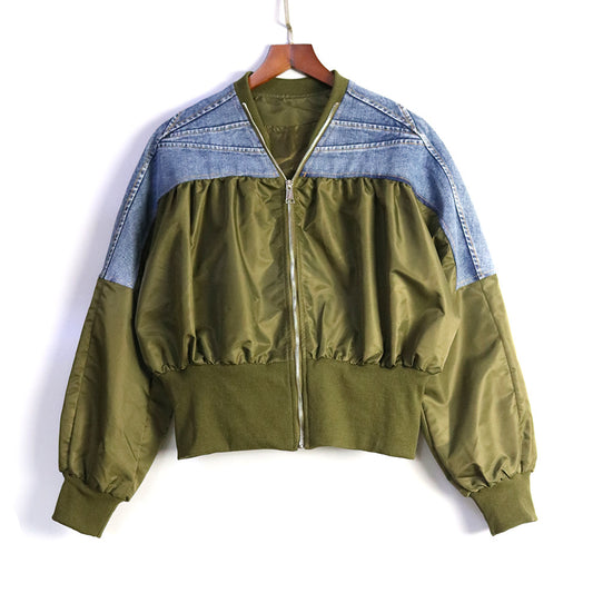 Harajuku Style Blue Denim Color-Block Jacket for Women