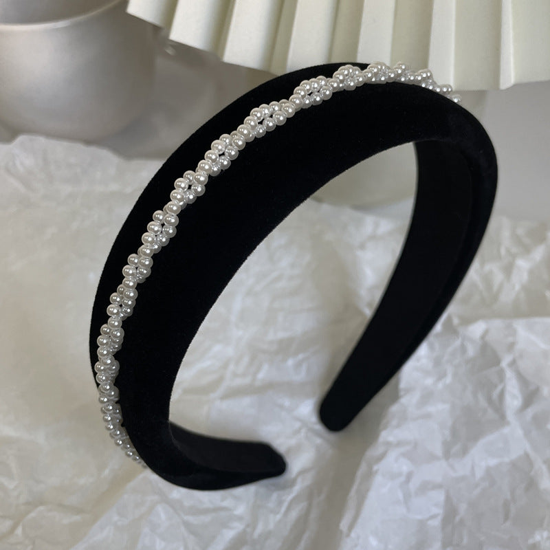 High Quality French Retro Black Velvet Pearl Twist Braid Hairpin Headband