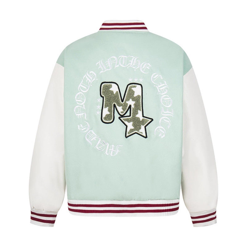 Letter Embroidered Baseball Jacket Color Block Couple Outwear