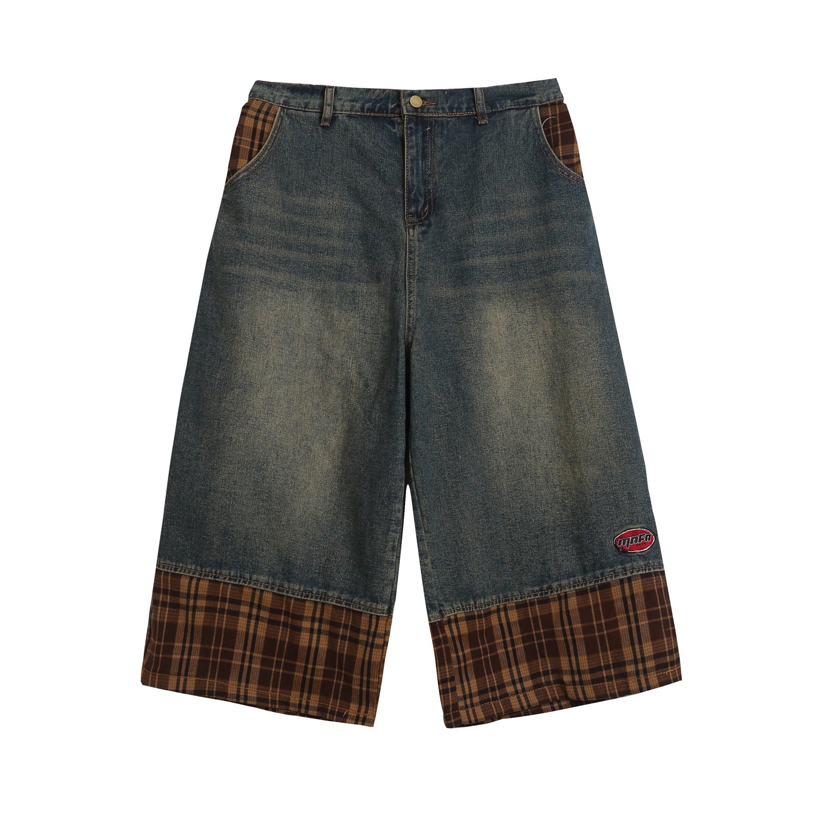 Retro Washed Patchwork Three-Quarter Pants