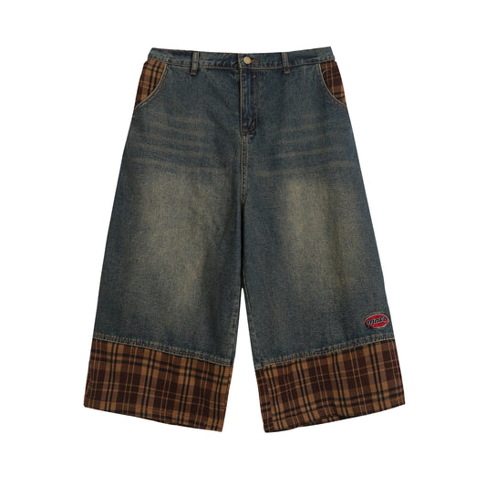 Retro Washed Patchwork Three-Quarter Pants