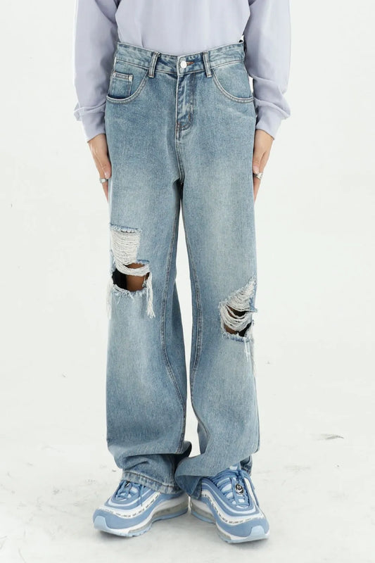 Playful Distressed Wide Leg Jeans with Pockets
