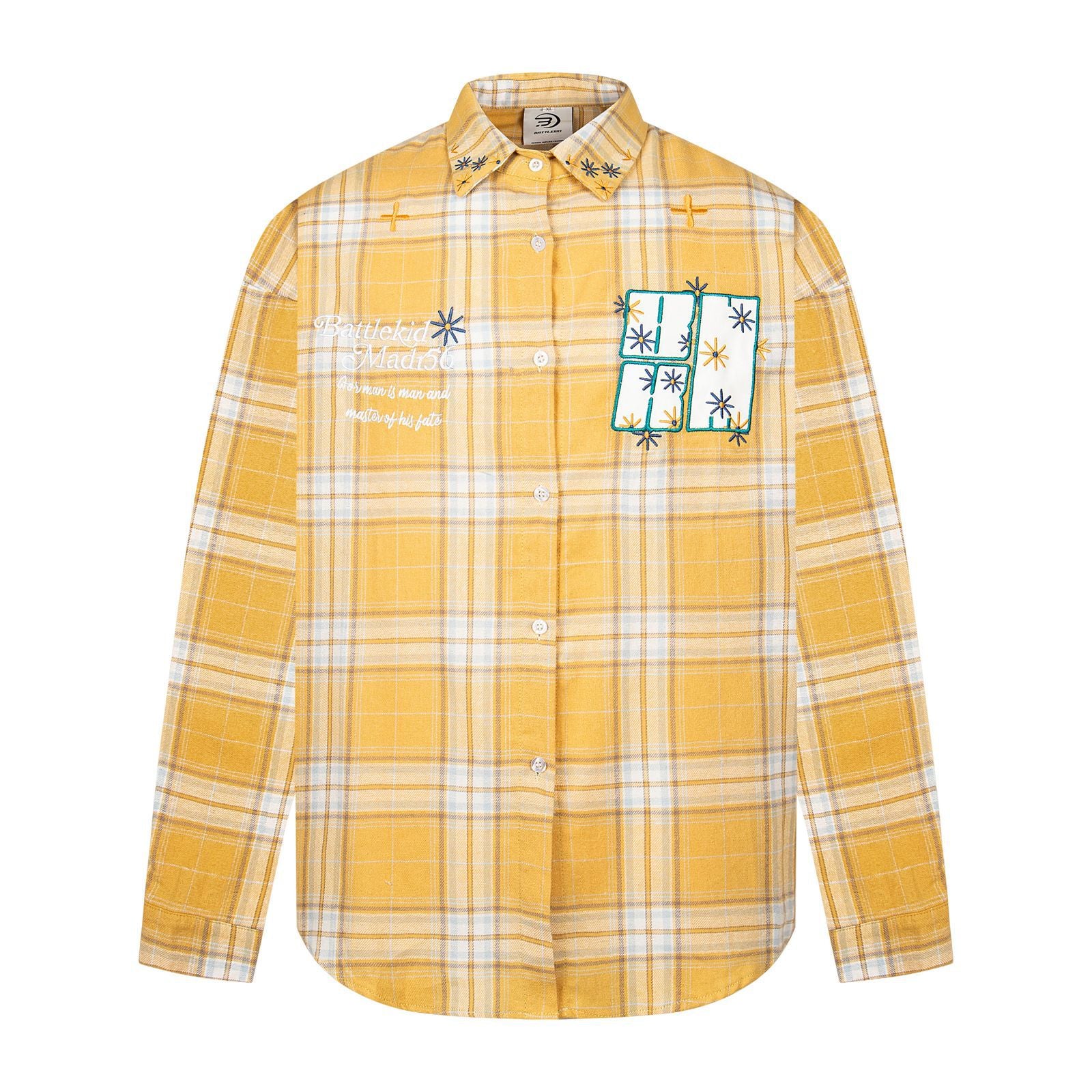 Harajuku Style Block Stripe Patchwork Embroidered Plaid Shirt