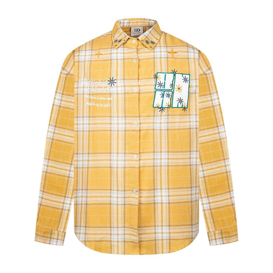 Harajuku Style Block Stripe Patchwork Embroidered Plaid Shirt