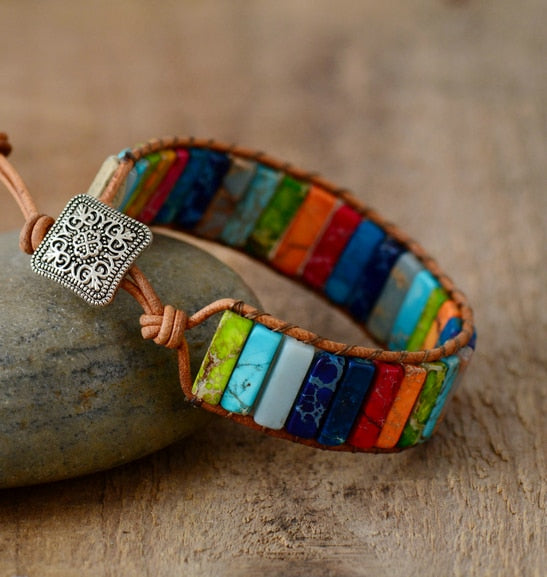 Handmade Chakra Bracelet - Multi Color Natural Stone & Leather