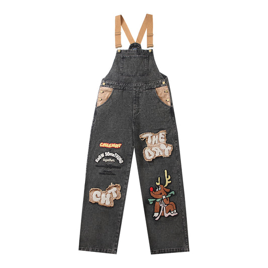 Retro Cartoon Embroidery Denim Overalls
