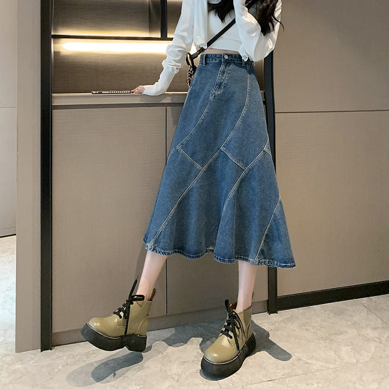 High Waist A-Line Loose Midi Denim Skirt for Women - Slimming, Hip-Hiding Style