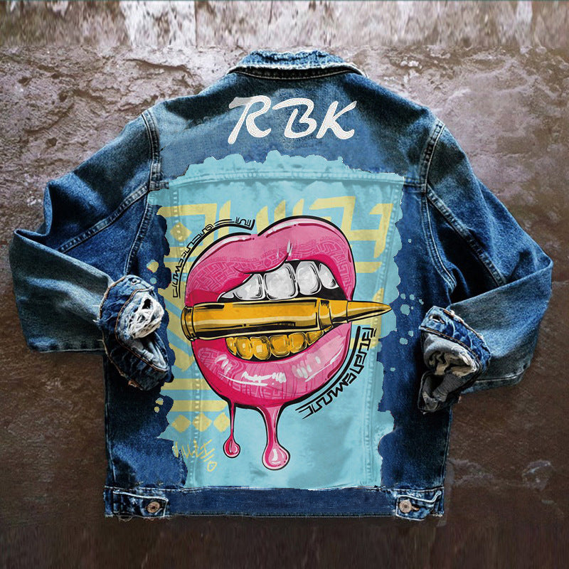 Playful Tongue Out Print Denim Jacket