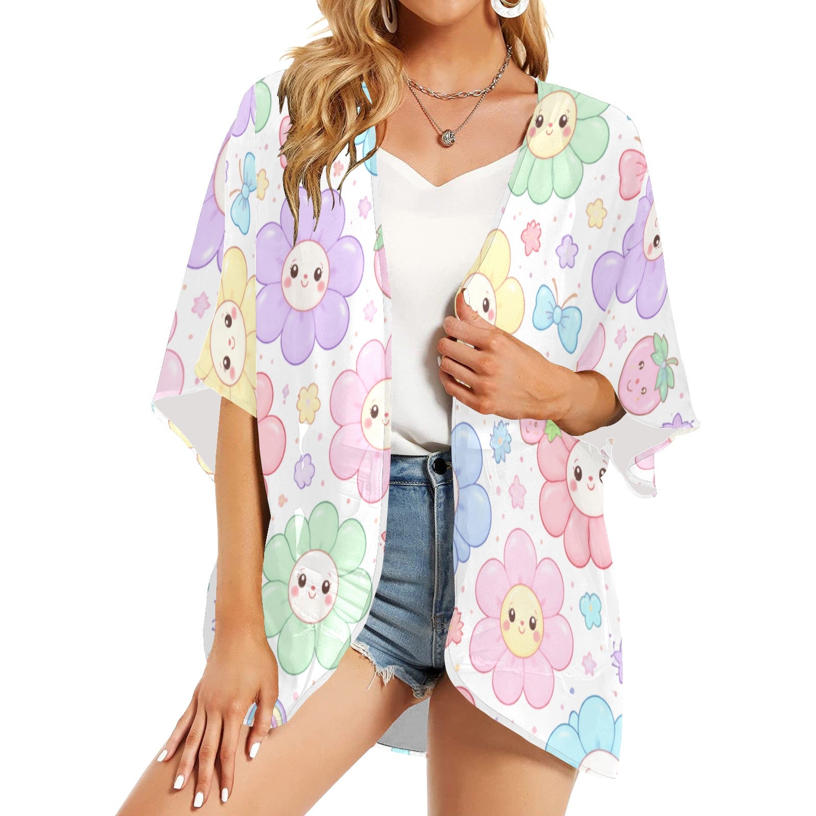Pastel Harajuku Floral Pattern Women's Kimono Chiffon Cover Up
