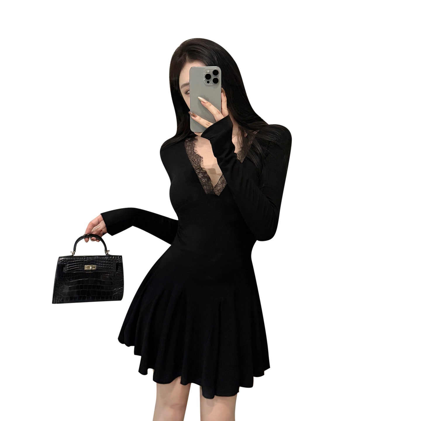 Lace V-neck Slimming Long Sleeve Dress for Women