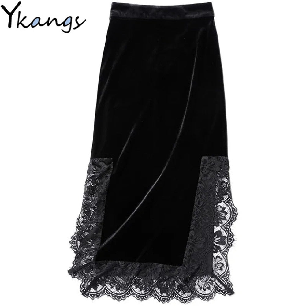 Goth Vintage Black Long Skirt Aesthetic Elegant Lace Patchwork Velvet Skirt Gothic Sexy Side Split High Waist Slit Party Skirt