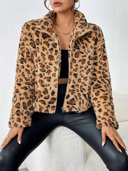 Turtleneck Leopard Zip Up Jacket