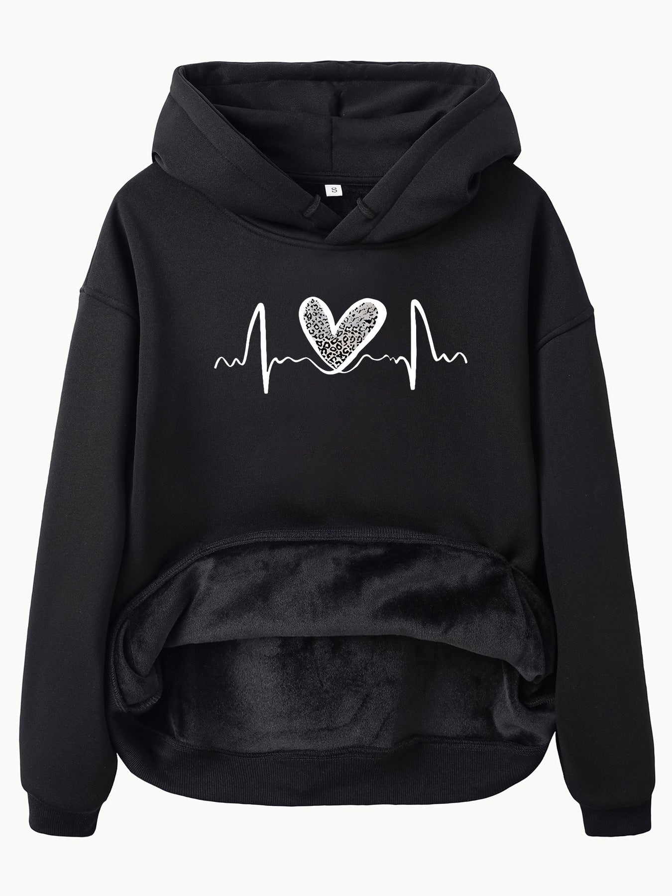 Pocket Hooded Long Sleeved Fleece Sweatshirt with Leopard Print Heart Design