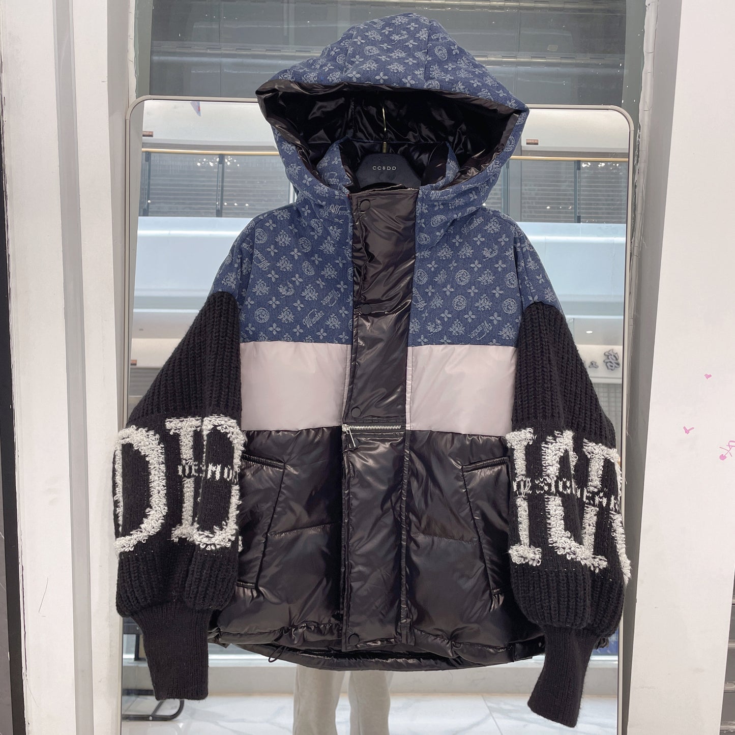 Denim Patchwork Hooded Down Jacket for Women with Knitted Sleeves and Floral Letters