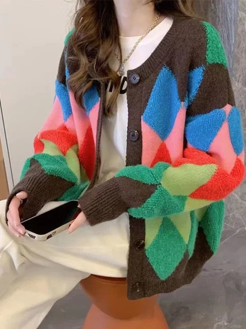 Playful Oversized Plaid Cardigan Sweater for Women