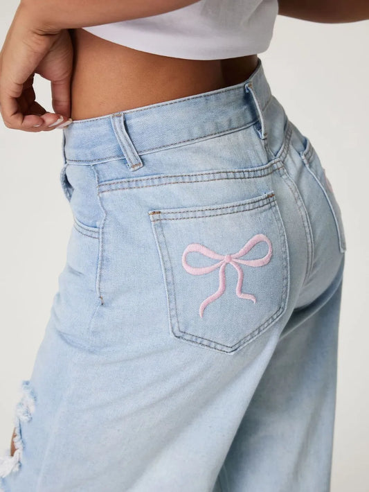 Distressed Wide Leg Jeans with Pockets - Harajuku Style