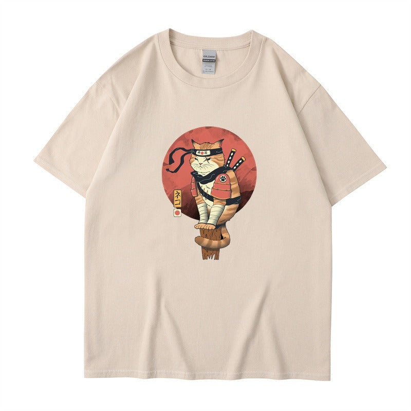 Ninja Cat Print T-Shirt - Short Sleeved Round Neck
