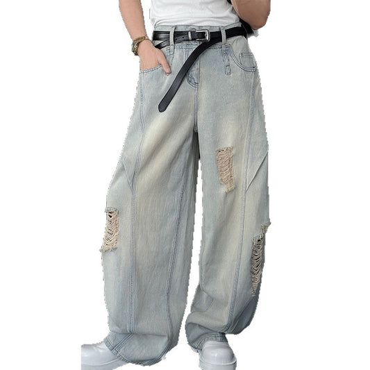 Washed Ripped Denim Wide Leg Pants