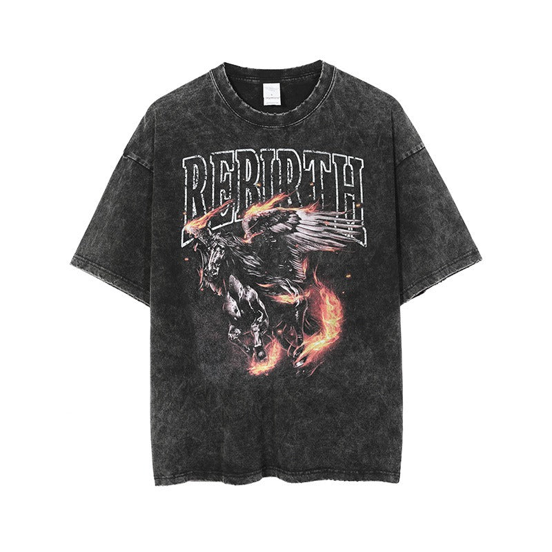 Firehorse Print Worn Out T-Shirt for Men - Harajuku Style