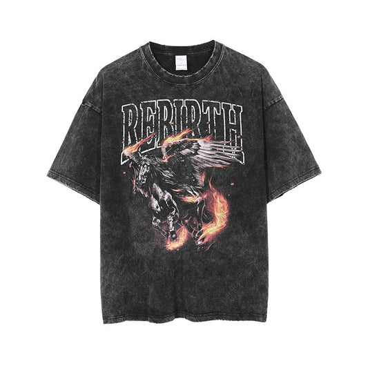 Firehorse Print Worn Out T-Shirt for Men - Harajuku Style