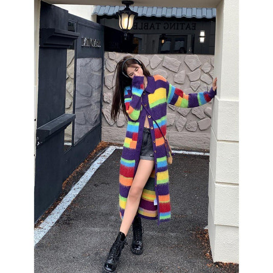 Rainbow Striped Sweater Coat for Women - Autumn & Winter