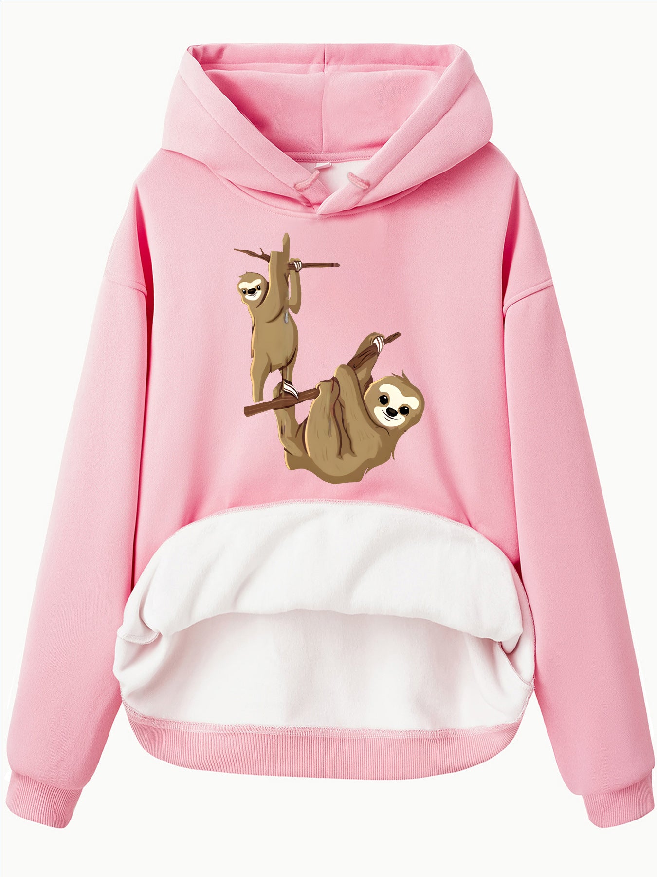 Hooded Long Sleeve Velvet Pullover with Sloth Pattern and Kangaroo Pocket