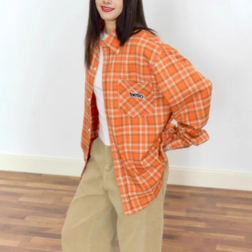 Orange Loose Embroidered Plaid Shirt Blouse for Women, Vintage Casual Shirt Jacket