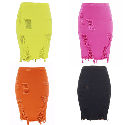 Harajuku Style Perforated Hip Hugging Denim Skirt