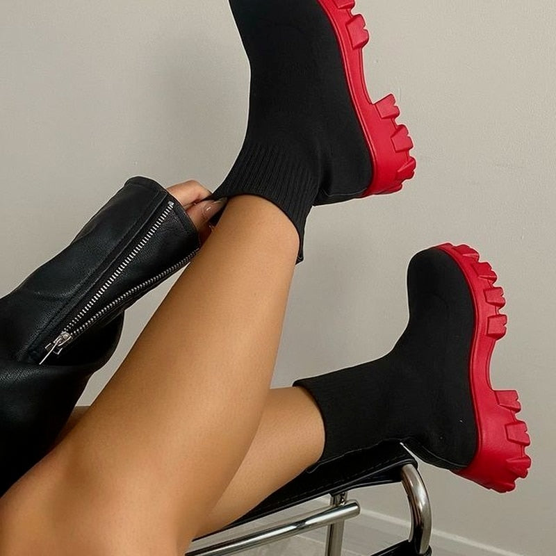 Thick-Soled Casual Couple Shoes for Women – Large Size Short Boots in Knitted Design