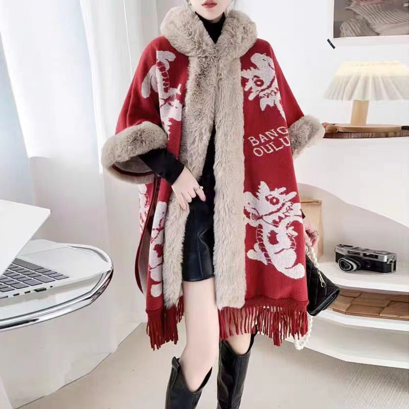 Poncho with Fleece Lining - Thick Knitted Hooded Shawl Featuring Fur Collar and Tassels