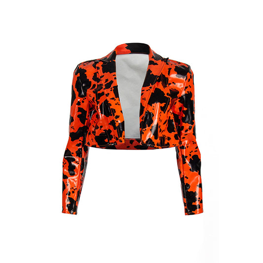 PU Leather Cow Print Women’s Crop Blazer - Harajuku Style