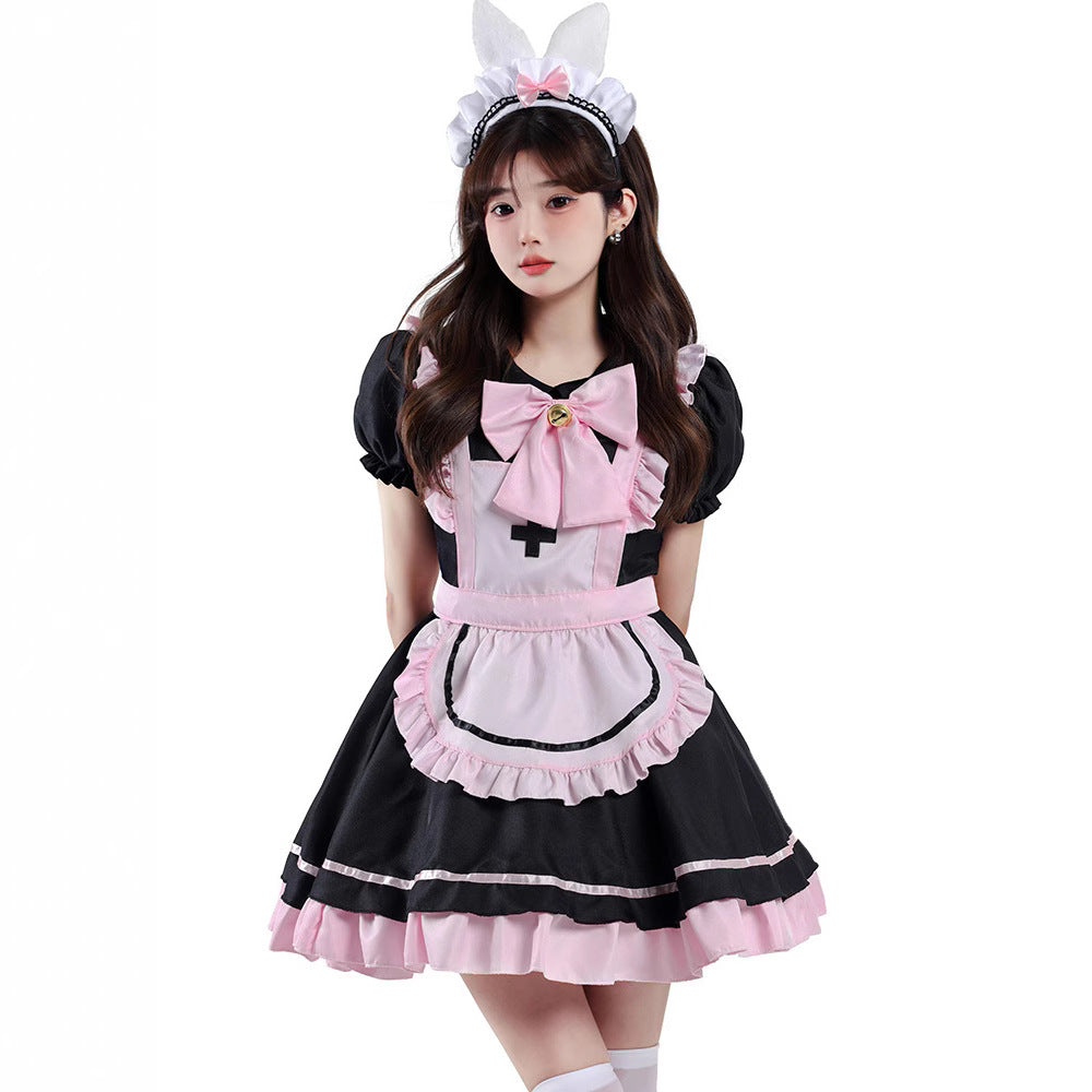Room Coffee Lolita Black-and-Pink Maid Cosplay Cute Cat Bow Dress