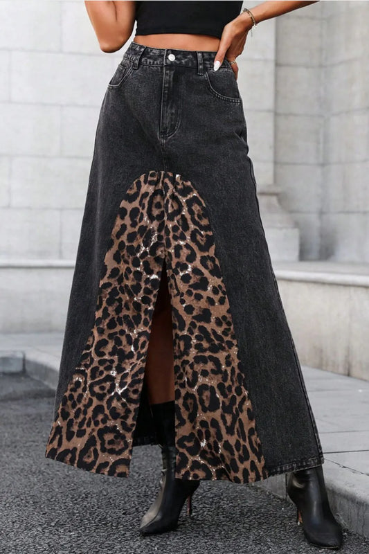 Versatile Leopard Print Denim Skirt - Harajuku Style